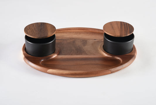 Charcuterie / Serving Tray w/ 2 Ceramic Bowls w/ Lids