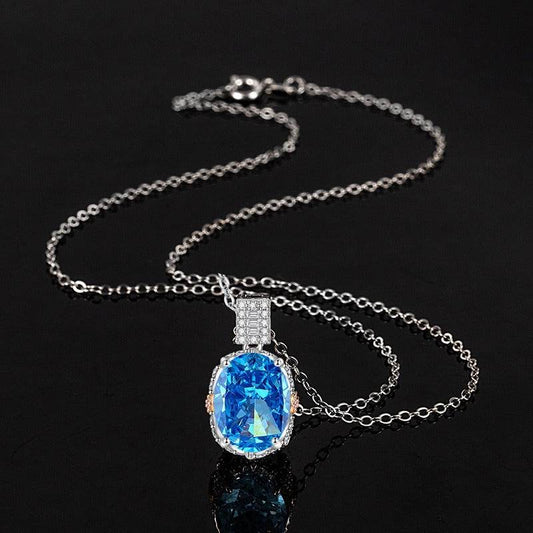 Multicolor Ice Flower Cut Oval CZ Pendant Necklace, Blue & Green 10*14mm 8A Cubic Zirconia, Two-Tone Pave CZ Halo with Pavé Top Frame, Adjustable Chain, Dainty Luxe