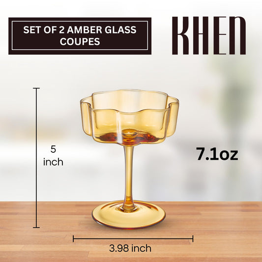 Flower Wave Coupe Cocktail Colored Glasses | Set of 2 | Amber
