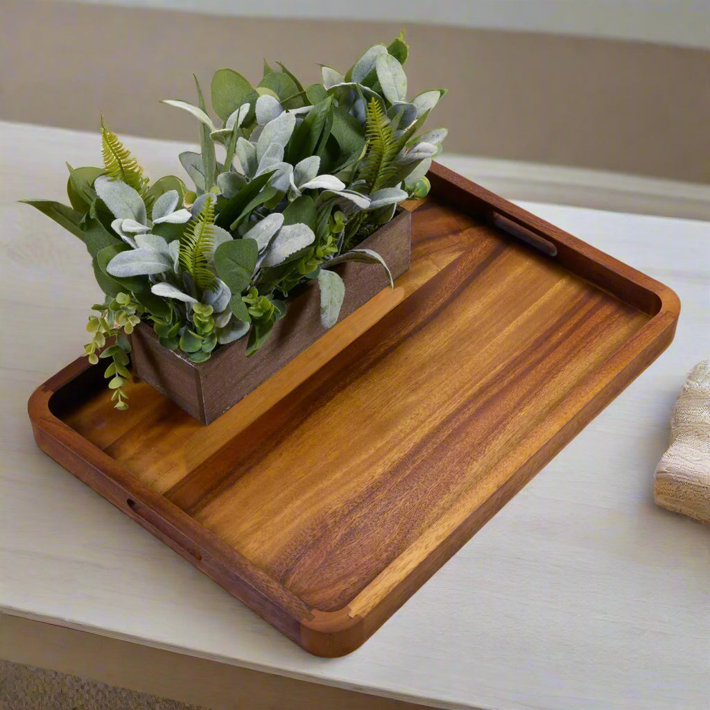 Acacia Wood Solid Bottom Rectangular Serving Tray