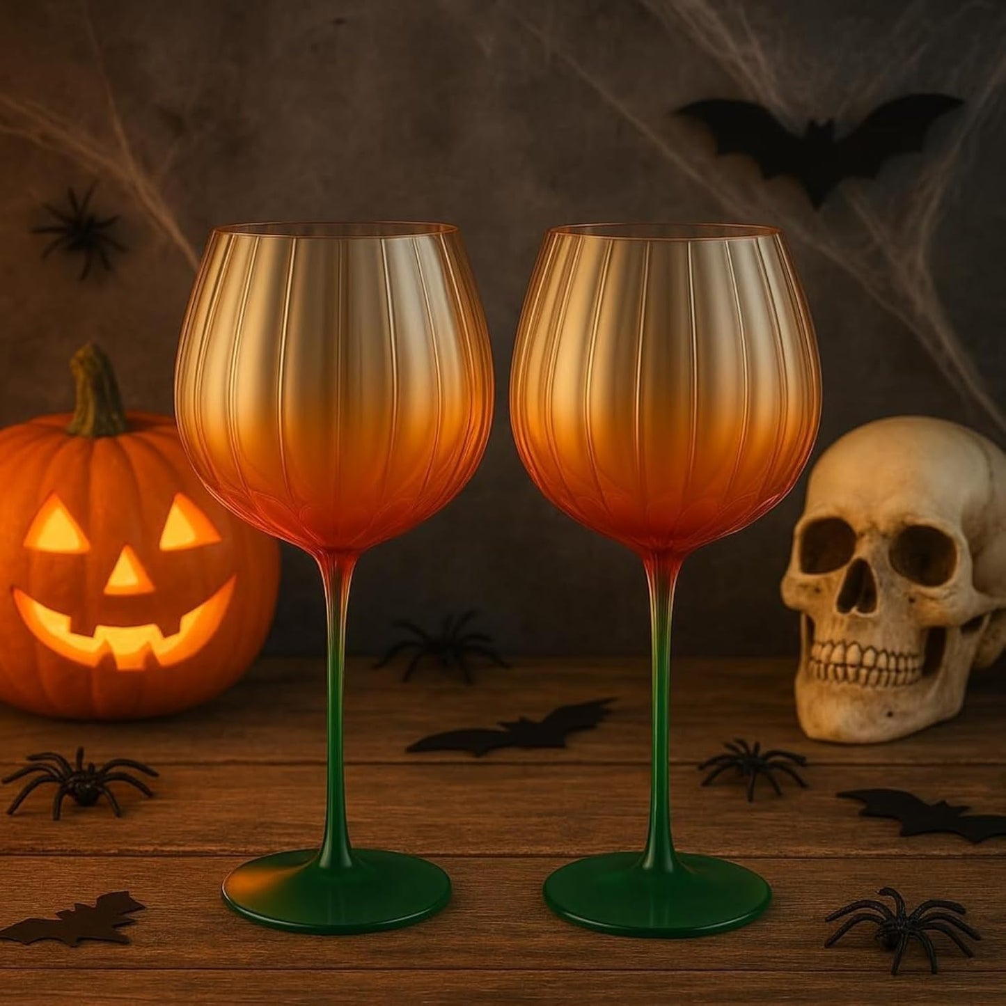 Khen Pumpkin Wine Glasses Fall Inspired Lightweight Borosilicate Decorative Drinkware Stemware - Set of 2 Orange & Green