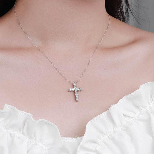 S925 Moissanite Cross Necklace, 3 Color Options, 11 Stones 0.1-0.5ct VVS, Dainty Luxe Clavicle Pendant, Sterling Silver Jewelry