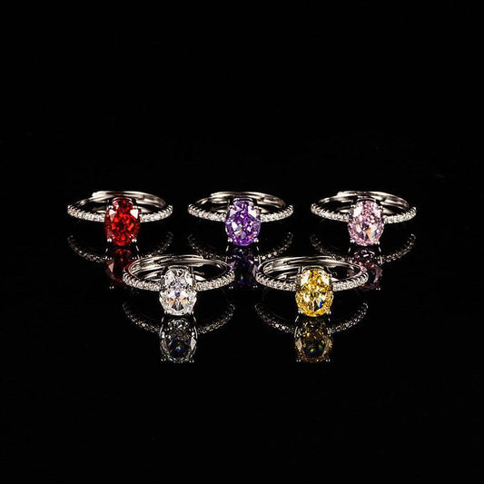 Multicolor Ice Flower Cut Oval CZ Adjustable Ring, Pave Band, 7*9mm 5A Cubic Zirconia, 6 Color Options, Dainty Luxe