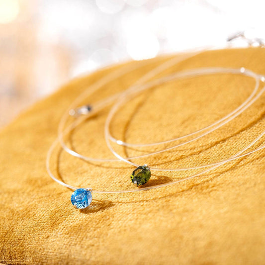 S925 Multicolor Mermaid Tear Floating CZ Necklace, Sterling Silver Invisible Fishing Line 6-8mm Cubic Zirconia Pendant, 40+5cm Adjustable Dainty Minimalist Choker