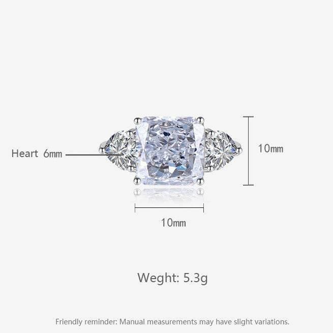 Multicolor Ice Flower Cut Square CZ Adjustable Ring, 10*10mm 8A Main Cubic Zirconia, Two Heart Side CZ, Dainty Luxe