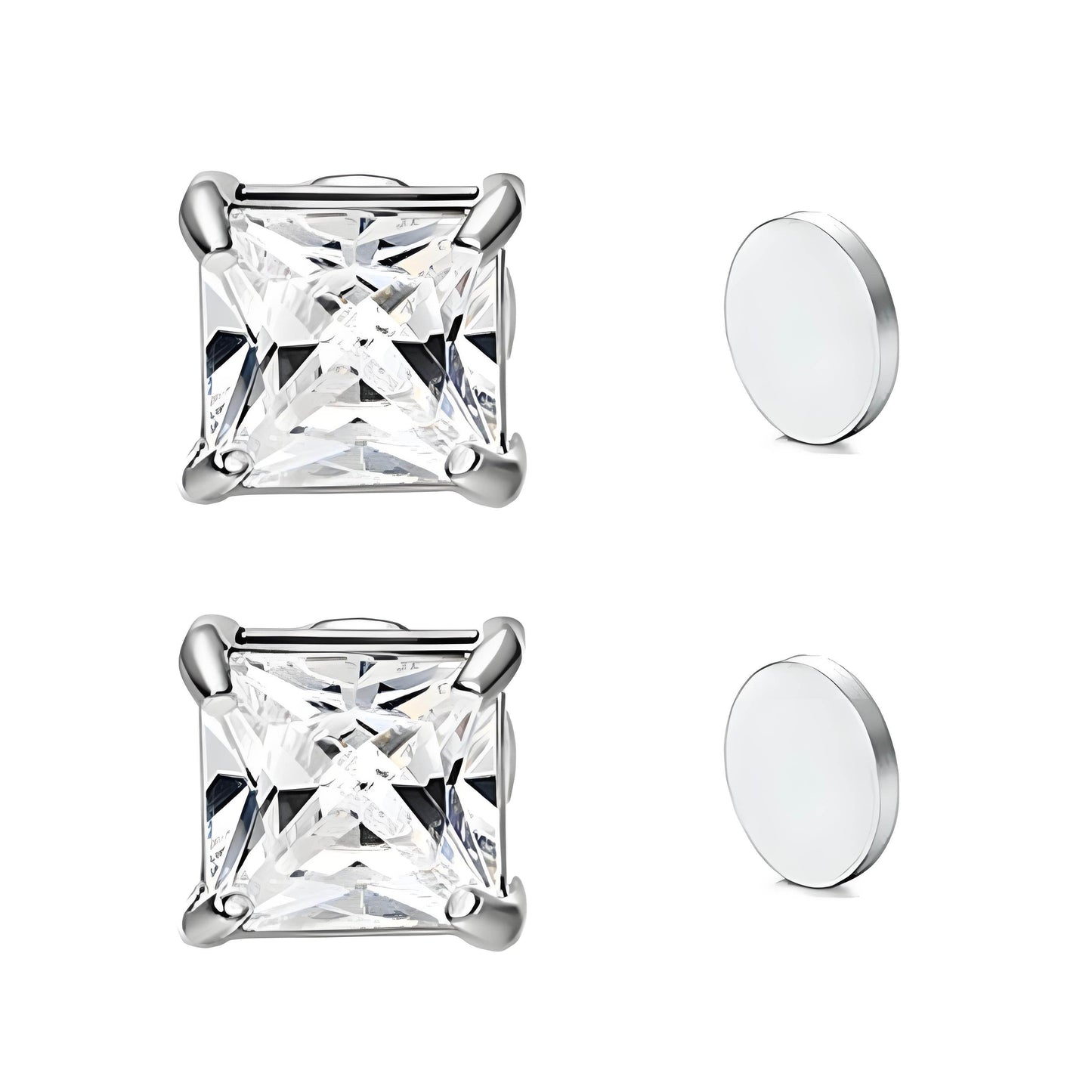 Stainless Steel Magnetic Princess Cut CZ Stud Earrings for Men Women, 6/8mm Square Cubic Zirconia Inlaid Magnetic Earrings Non-Piercing Clip On Studs