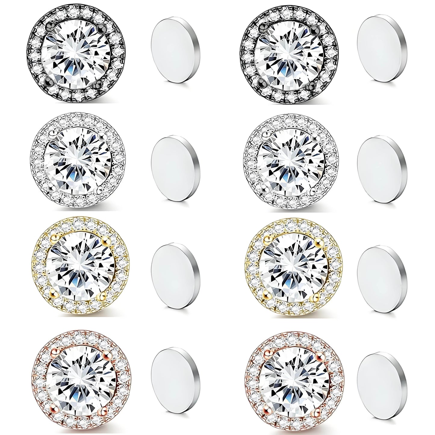 Stainless Steel Magnetic CZ Round Halo Stud Earrings for Men Women, Round Cubic Zirconia Inlaid Magnetic Earrings Non-Piercing Clip On Stud Earring
