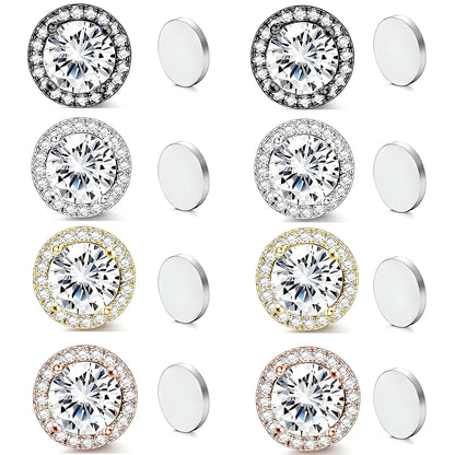 Stainless Steel Magnetic CZ Round Halo Stud Earrings for Men Women, Round Cubic Zirconia Inlaid Magnetic Earrings Non-Piercing Clip On Stud Earring