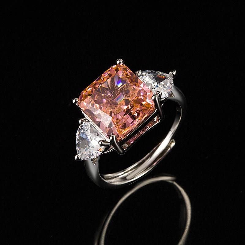 Multicolor Ice Flower Cut Square CZ Adjustable Ring, 10*10mm 8A Main Cubic Zirconia, Two Heart Side CZ, Dainty Luxe