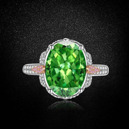 Multicolor Ice Flower Cut Oval CZ Adjustable Ring, Blue & Green 10*14mm 8A Cubic Zirconia, Two-Tone Pave CZ Band, Dainty Luxe