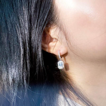 S925 Emerald Cut Moissanite Halo Earrings with Pave Band, 1-2ct Rectangle White Moissanite Sterling Silver, Engagement Wedding Drop Dangle