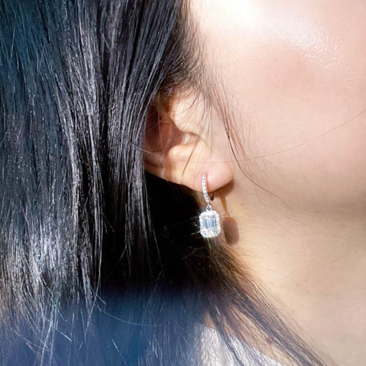 S925 Emerald Cut Moissanite Halo Earrings with Pave Band, 1-2ct Rectangle White Moissanite Sterling Silver, Engagement Wedding Drop Dangle