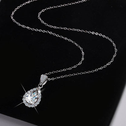 S925 High Carbon CZ Teardrop Halo Pendant Necklace with Pavé Top Frame, 6-11mm Cubic Zirconia, Sterling Silver Pear Shape Pendant for Her