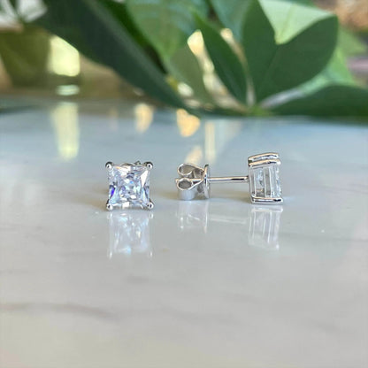 S925 Square Princess Cut CZ or Moissanite Stud Earrings, 0.6-2ct Sterling Silver Hypoallergenic Zirconia Gift for Her Him