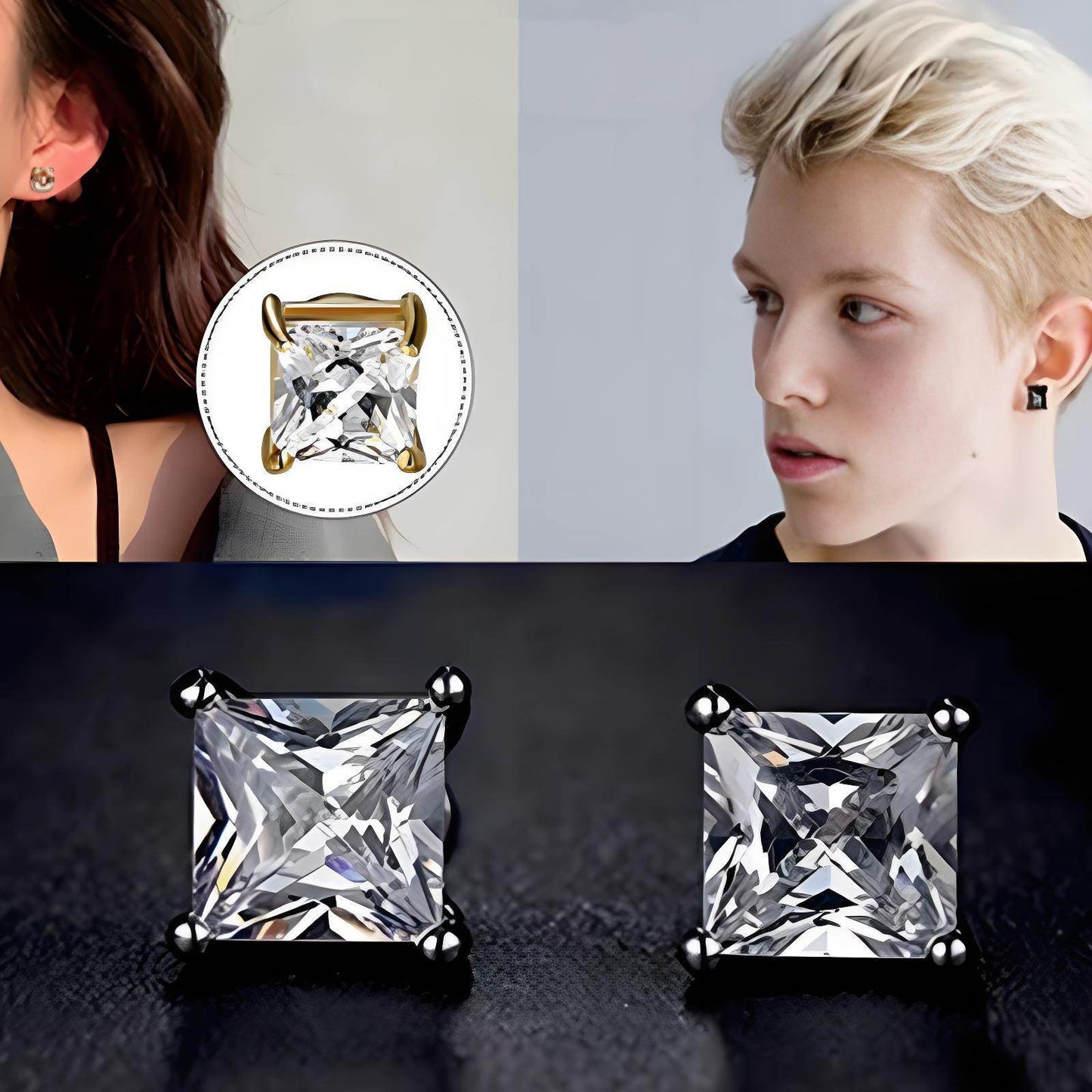 Stainless Steel Magnetic Princess Cut CZ Stud Earrings for Men Women, 6/8mm Square Cubic Zirconia Inlaid Magnetic Earrings Non-Piercing Clip On Studs