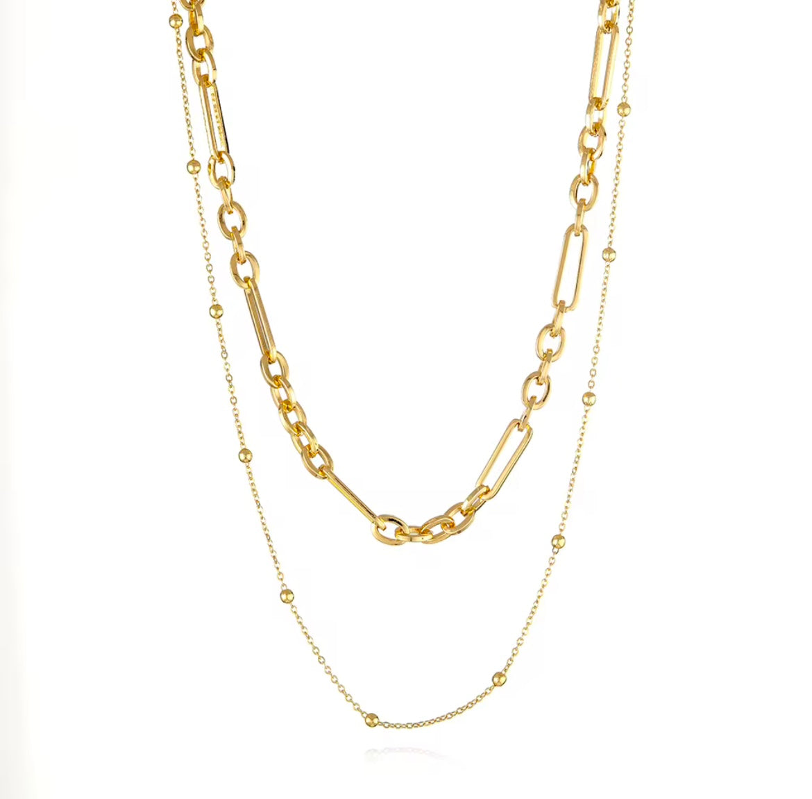 Double Layered Charm Bar Necklaces - Mixed Link 18k