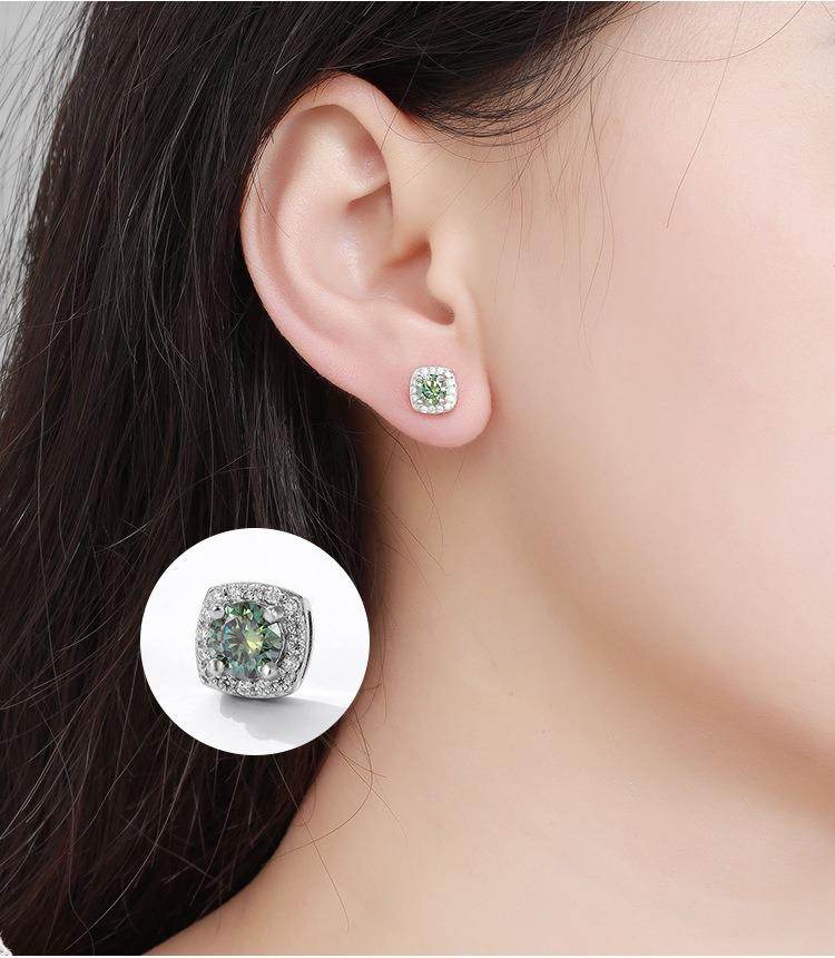 S925 Magnetic Multicolor Moissanite Square Halo Stud Earrings for Men Women,  0.5/1ct Round Cut, Inlaid Magnetic Earrings Non-Piercing Clip On Stud Earring