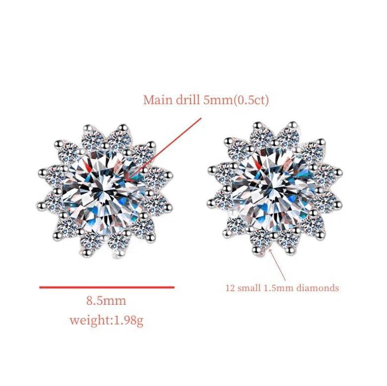 S925 Moissanite/CZ Sunflower Halo Stud Earrings, 0.5ct D-Grade VVS Certificate, Hypoallergenic Sterling Silver Jewelry Gift