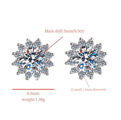 S925 Moissanite/CZ Sunflower Halo Stud Earrings, 0.5ct D-Grade VVS Certificate, Hypoallergenic Sterling Silver Jewelry Gift