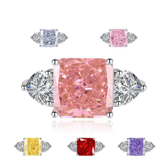 Multicolor Ice Flower Cut Square CZ Adjustable Ring, 10*10mm 8A Main Cubic Zirconia, Two Heart Side CZ, Dainty Luxe