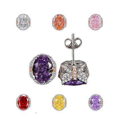 Multicolor Ice Flower Cut Oval CZ Stud Earrings, 7*9mm 8A Cubic Zirconia, S925 Silver Needle, Two-Tone Pave CZ Halo, Dainty Luxe