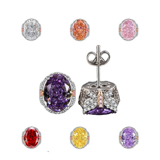 Multicolor Ice Flower Cut Oval CZ Stud Earrings, 7*9mm 8A Cubic Zirconia, S925 Silver Needle, Two-Tone Pave CZ Halo, Dainty Luxe