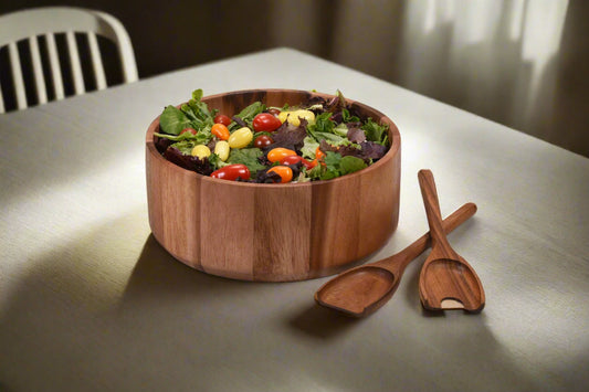 Large Acacia Wood Salad Bowl Set with Servers