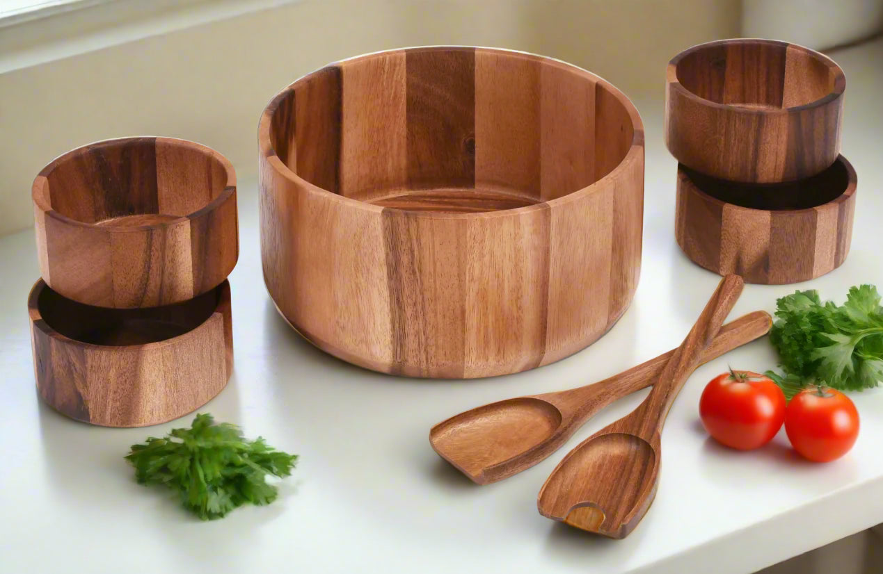 7 piece Extra Large Acacia Wood Salad Bowl Set includes Servers and 4 Individuals