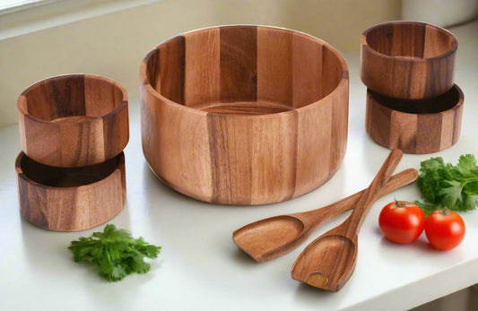 7 piece Extra Large Acacia Wood Salad Bowl Set includes Servers and 4 Individuals