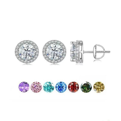 S925 Multicolor Moissanite Round Halo Stud Earrings with Threaded Needle, 8 Color Options, 0.1-3ct D-Grade VVS, Sterling Silver Jewelry for Men Women