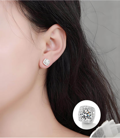 S925 Magnetic Multicolor Moissanite Square Halo Stud Earrings for Men Women,  0.5/1ct Round Cut, Inlaid Magnetic Earrings Non-Piercing Clip On Stud Earring