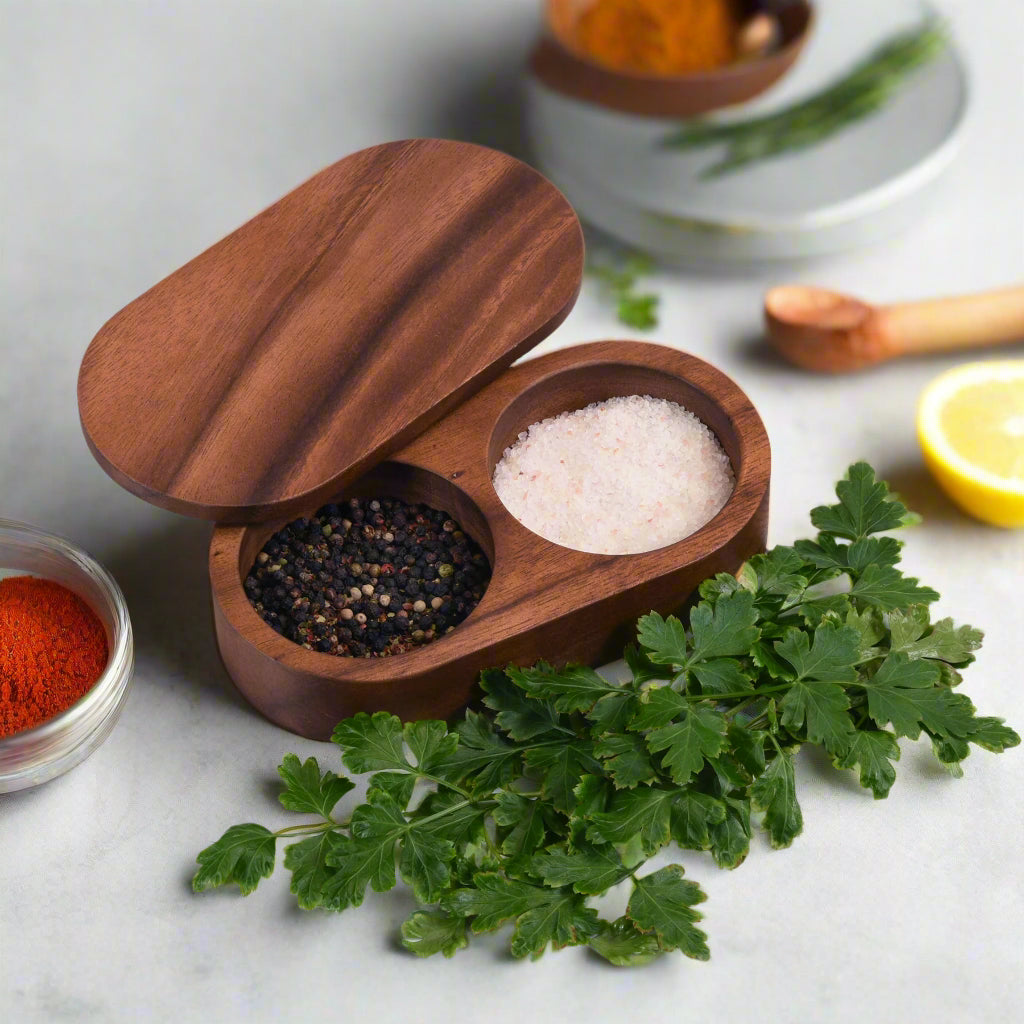 Acacia Salt & Pepper Pinch Pot with Rotating Cover