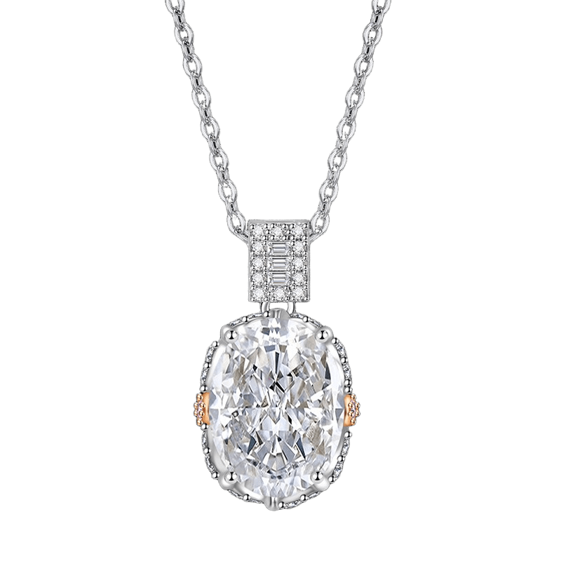 Multicolor Ice Flower Cut Oval CZ Pendant Necklace, 10*14mm 8A Cubic Zirconia, Two-Tone Pave CZ Halo with Pavé Top Frame, Adjustable Chain, Dainty Luxe