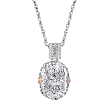Multicolor Ice Flower Cut Oval CZ Pendant Necklace, 10*14mm 8A Cubic Zirconia, Two-Tone Pave CZ Halo with Pavé Top Frame, Adjustable Chain, Dainty Luxe