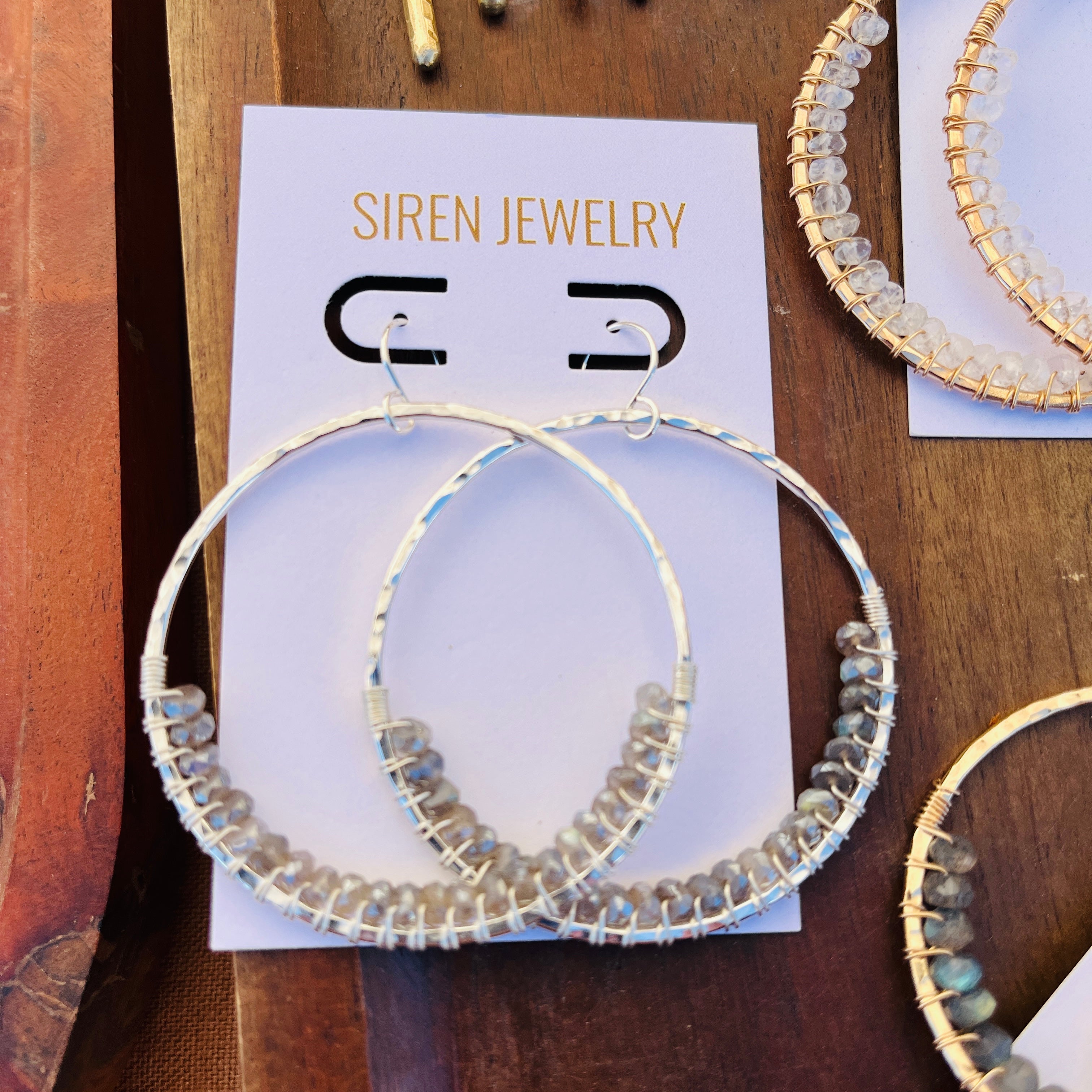 SILVER LABRADORITE HOOP EARRINGS
