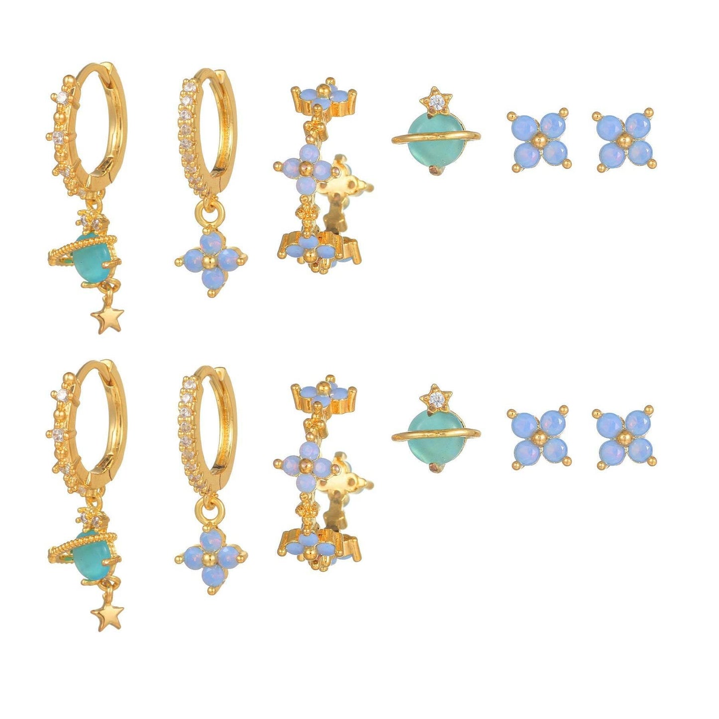 6 Pieces Blue Flower Pierced Earring Set with Zircon, 18k Gold Plated Ear Studs and Ear Drops, Women's Fashion Jewelry for Party Daily Stacked Lobe Earrings