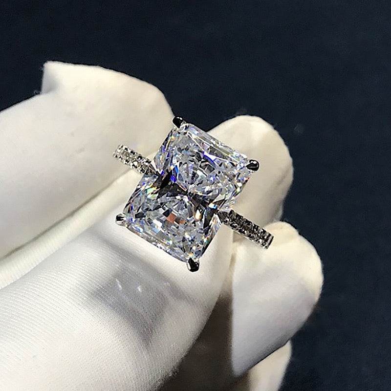 Stunning Radiant Cut CZ Ring, Cubic Zirconia with Pave Band, White Gold Plated Dainty Ring Jewelry for Part Men Women
