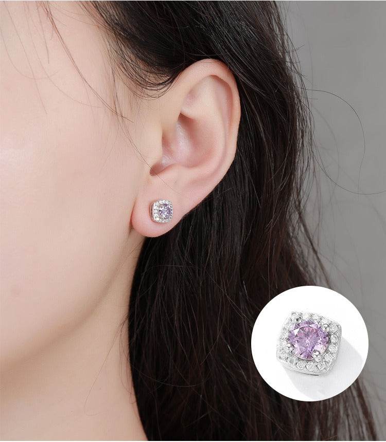 S925 Magnetic Multicolor Moissanite Square Halo Stud Earrings for Men Women,  0.5/1ct Round Cut, Inlaid Magnetic Earrings Non-Piercing Clip On Stud Earring