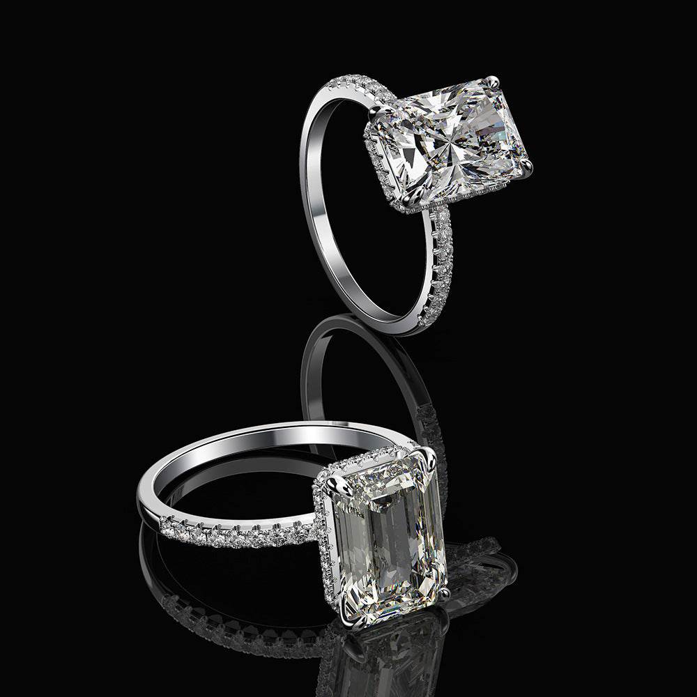 Stunning Radiant Cut CZ Ring, Cubic Zirconia with Pave Band, White Gold Plated Dainty Ring Jewelry for Part Men Women