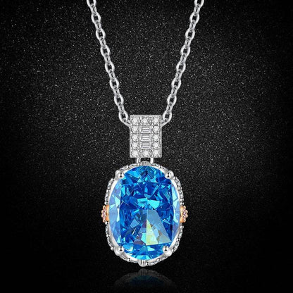 Multicolor Ice Flower Cut Oval CZ Pendant Necklace, Blue & Green 10*14mm 8A Cubic Zirconia, Two-Tone Pave CZ Halo with Pavé Top Frame, Adjustable Chain, Dainty Luxe