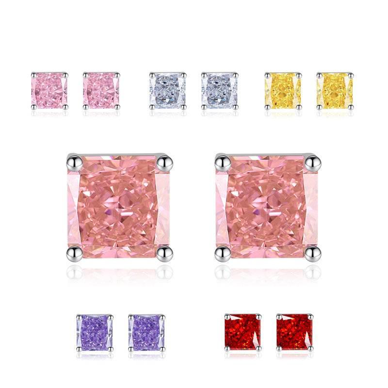 Multicolor Ice Flower Cut Square CZ Stud Earrings, 7*7mm 5A Cubic Zirconia, Dainty Luxe