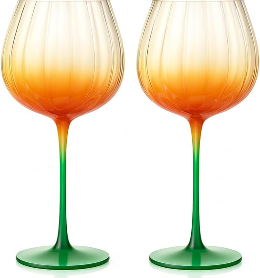 Khen Pumpkin Wine Glasses Fall Inspired Lightweight Borosilicate Decorative Drinkware Stemware - Set of 2 Orange & Green