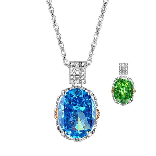 Multicolor Ice Flower Cut Oval CZ Pendant Necklace, Blue & Green 10*14mm 8A Cubic Zirconia, Two-Tone Pave CZ Halo with Pavé Top Frame, Adjustable Chain, Dainty Luxe