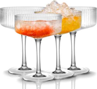 Ribbed Coupe Glasses Set Crystal Bar Drinkware Vintage Style Cocktail Martini Champagne Glassware – 10oz Clear