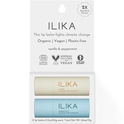 ILIKA 2 Pack Organic Lip Balm- Vanilla & Peppermint