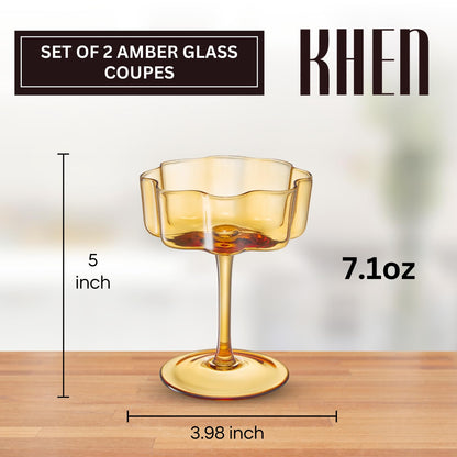 Flower Wave Coupe Cocktail Colored Glasses | Set of 2 | Amber
