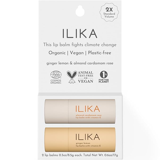 ILIKA 2 PK Organic Lip Balm-100% Plant-based, Ginger Lemon & Almond Cardamom Rose