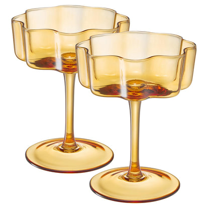 Flower Wave Coupe Cocktail Colored Glasses | Set of 2 | Amber