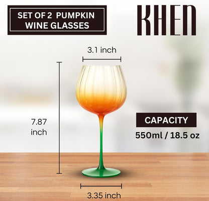 Khen Pumpkin Wine Glasses Fall Inspired Lightweight Borosilicate Decorative Drinkware Stemware - Set of 2 Orange & Green