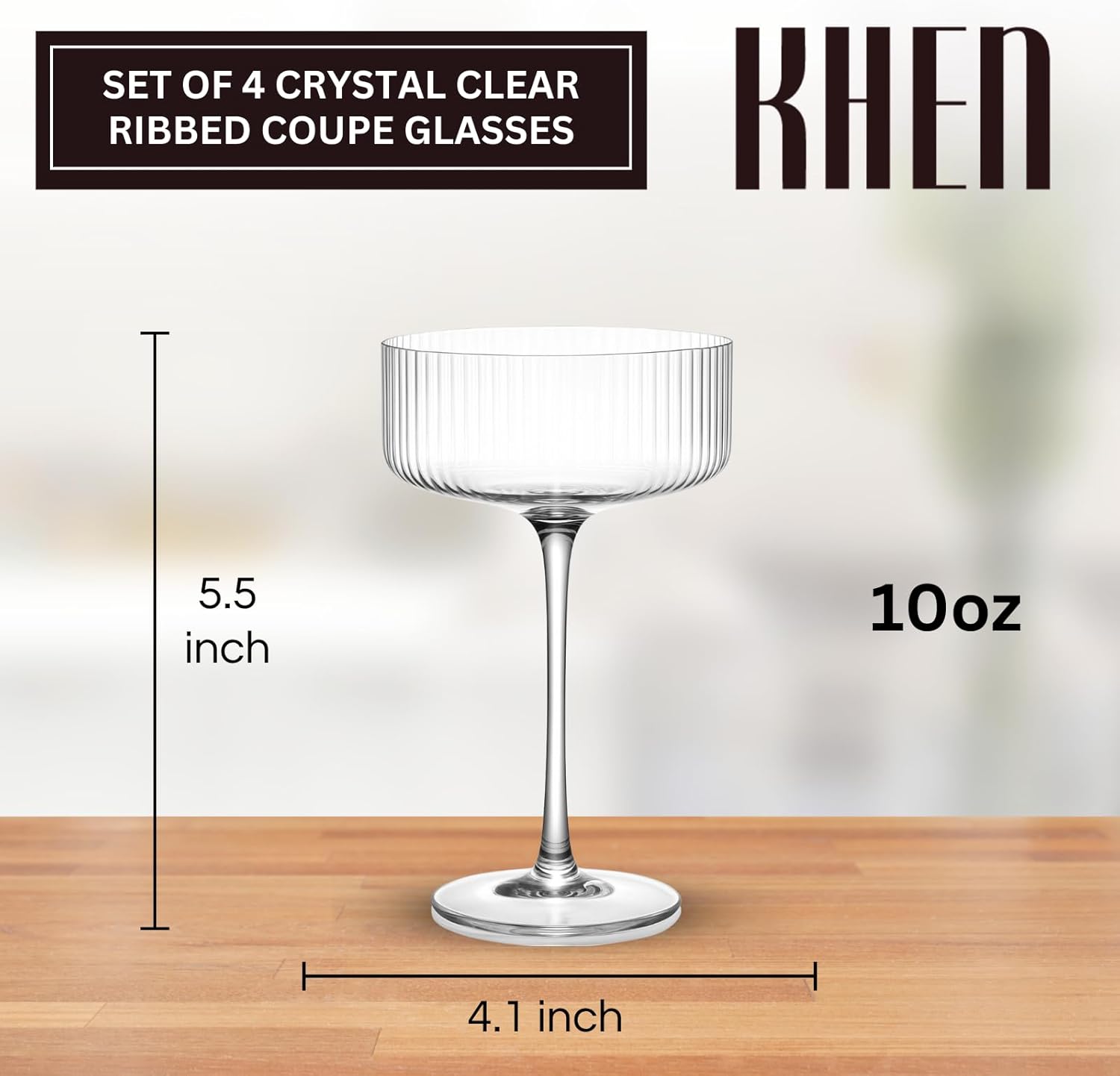 Ribbed Coupe Glasses Set Crystal Bar Drinkware Vintage Style Cocktail Martini Champagne Glassware – 10oz Clear